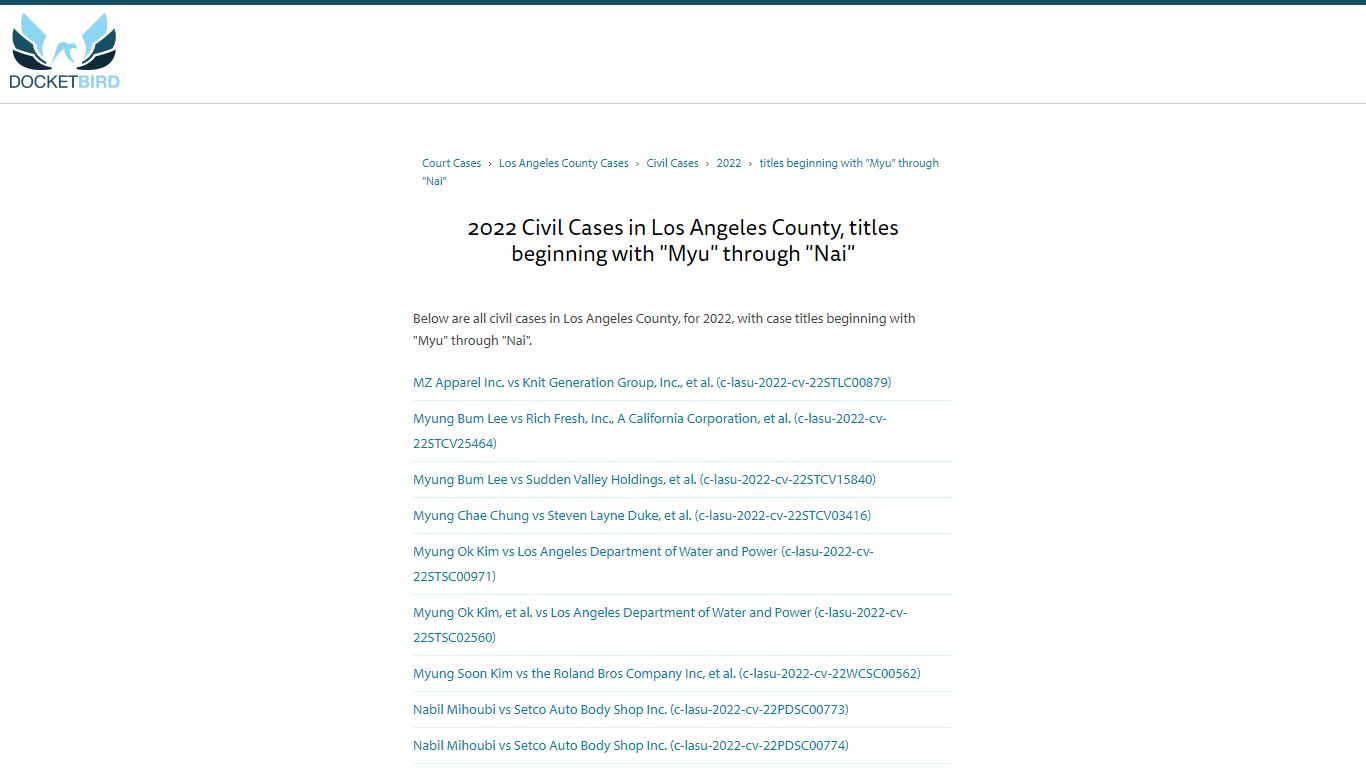 2022 Civil Cases in Los Angeles County, titles beginning with "Myo ...